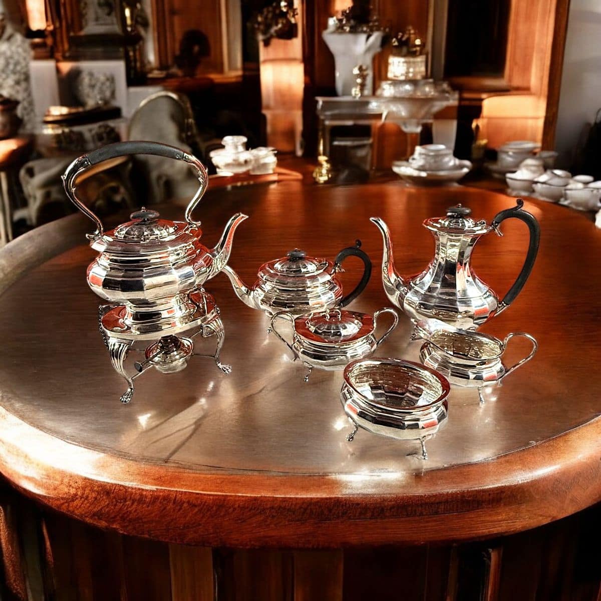 Edward Viners of Sheffield Six-Piece Sterling Silver Tea & Coffee Service with Spirit Kettle on Stand — Hallmarked, Made in England