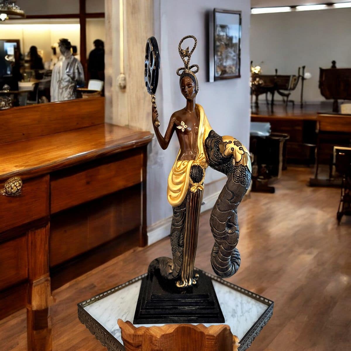 Erté (Romain de Tirtoff) Limited Edition Patinated & Gilded Bronze Sculpture — Female Figure with Mirror, Art Deco, Sevenarts Ltd., Edition ~250