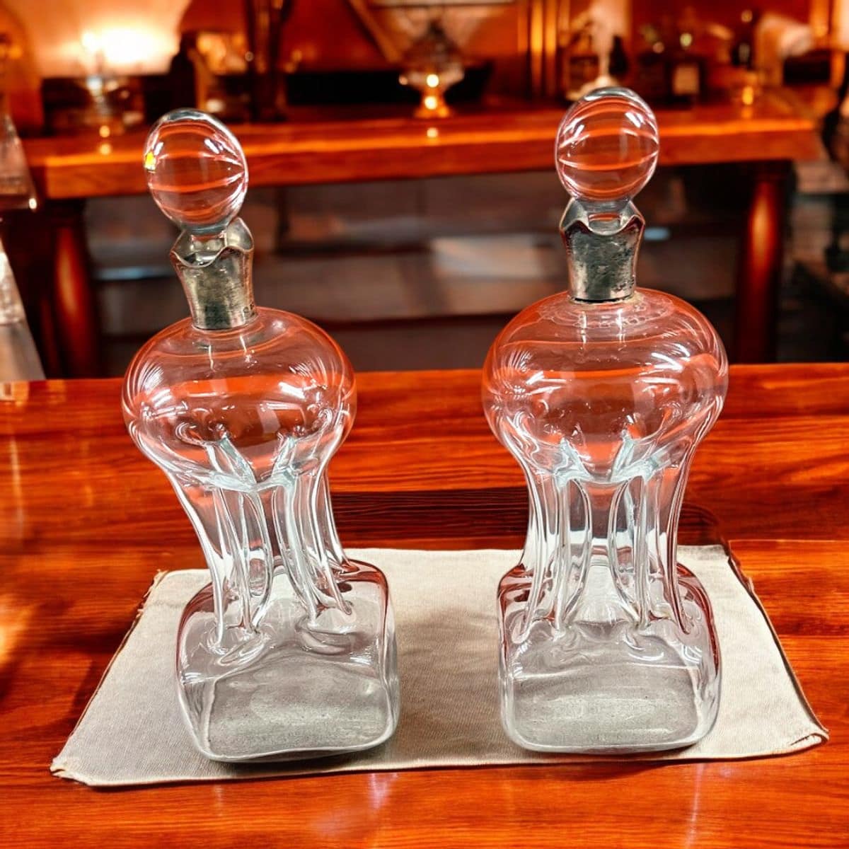 Pair of Art Nouveau Blown Glass Decanters with Sterling Silver Collars, Birmingham 1909, Edwardian Era