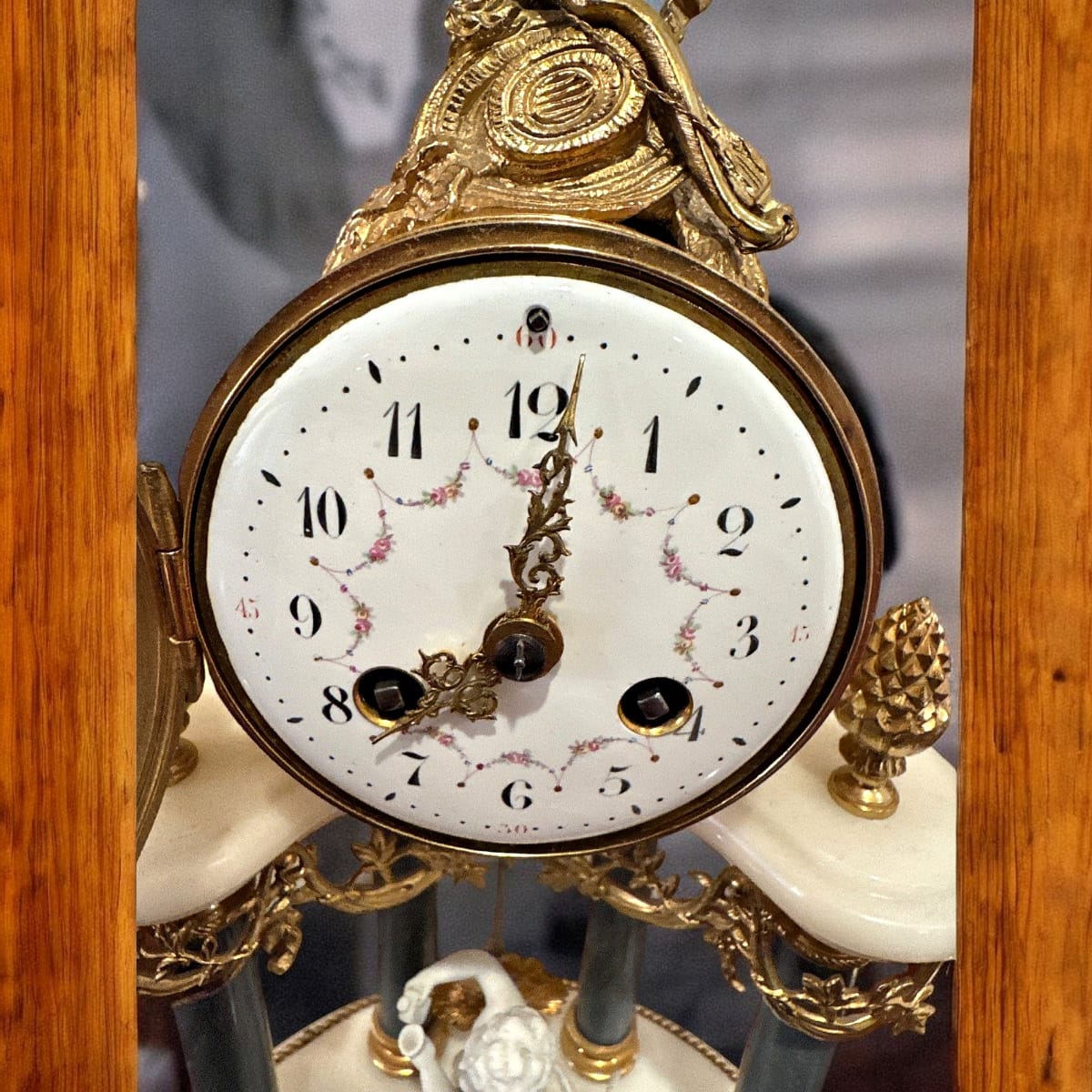 Louis XVI Style Portico Mantel Clock | Ormolu Mounts, White & Grey Marble, Bisque Porcelain Putto | Pendule à Portique, Late 19th Century