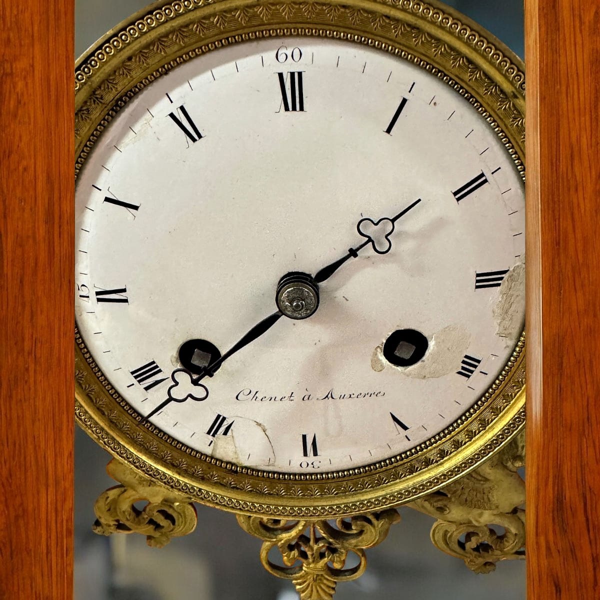 Antique French Empire Portico Mantel Clock (Pendule Portique) Signed Chenet à Auxerre, 19th Century — Black Slate, Gilt Bronze Ormolu Mounts, White Enamel Dial