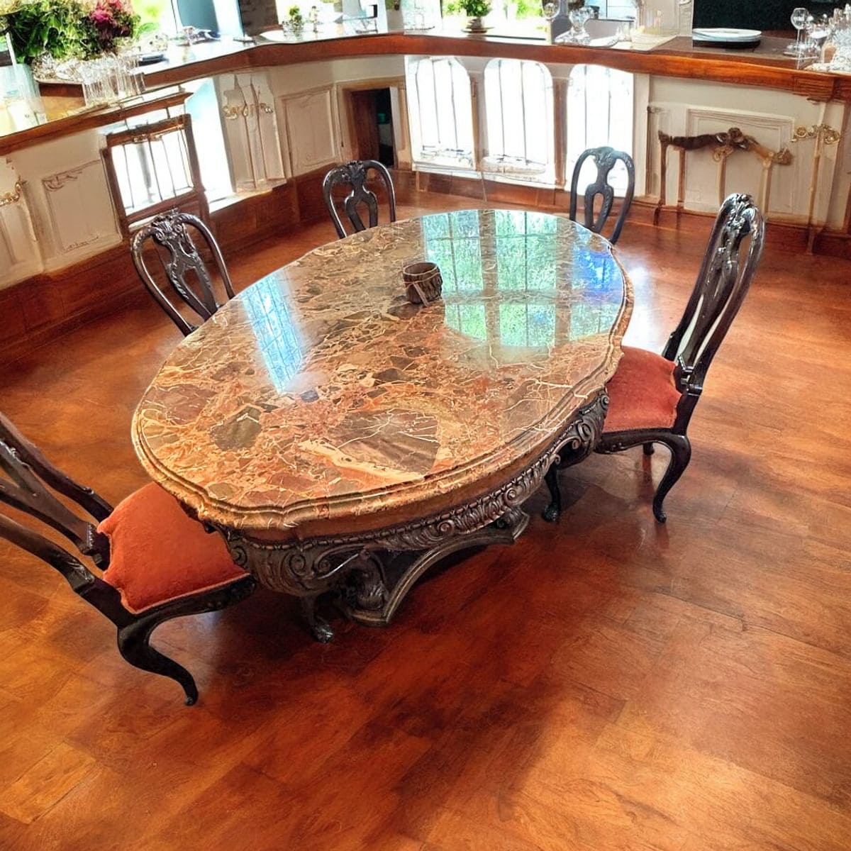 Rococo Revival Carved Walnut Dining Table with Brecciated Marble Top | c. 1880–1920 | Italian Breccia Pernice | 8-Chair Set