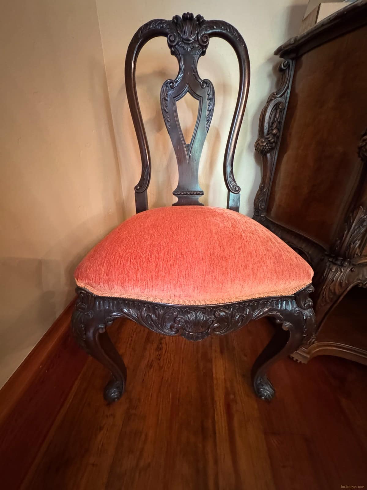 Chippendale Style Carved Mahogany Side Chair | Rococo Revival | Coral Velvet Upholstery | 19th Century