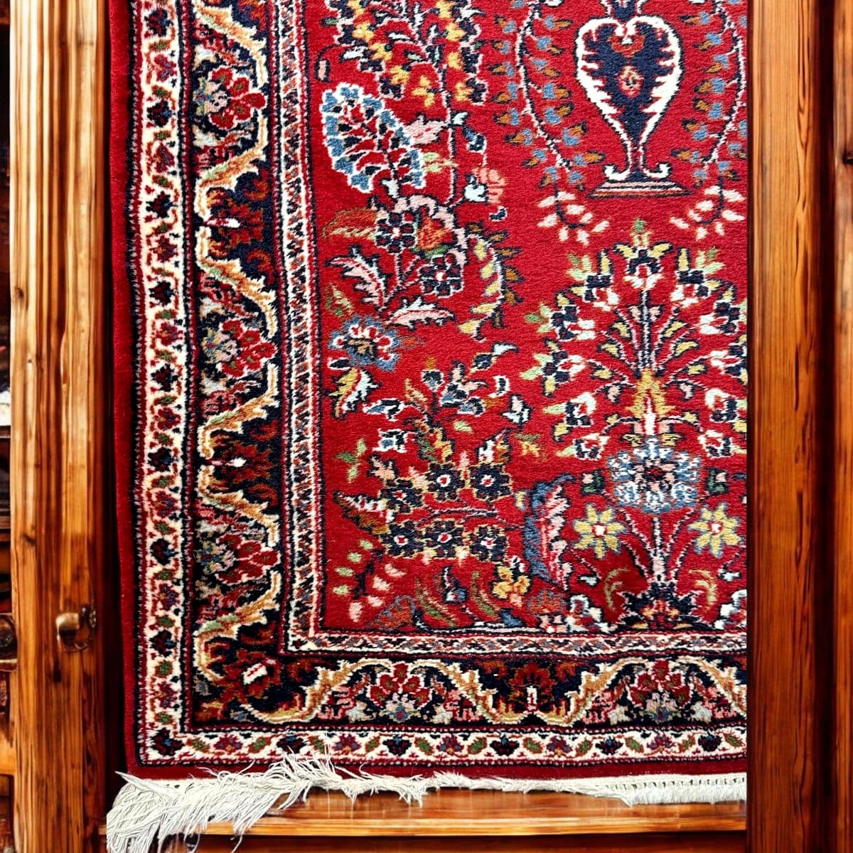 Vintage Persian Sarouk-Style Hand-Knotted Wool Runner Rug | Crimson Field | Vase & Botanical Medallion Motifs | approx. 3'10" × 12'+