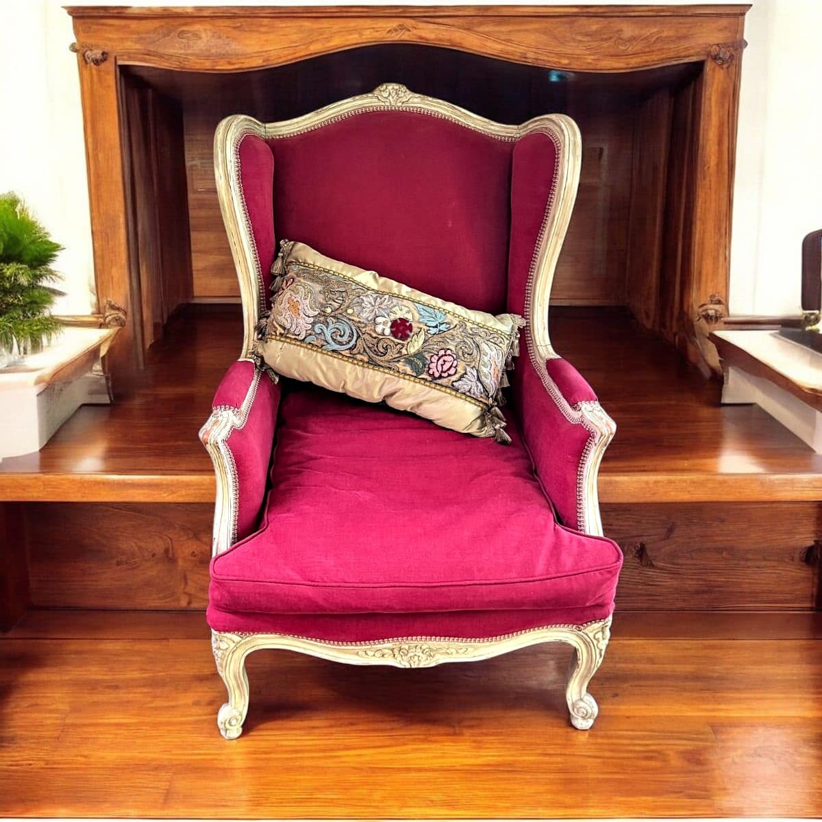 French Louis XV Style Bergère à Oreilles Wingback Armchair in Crimson Velvet with Embroidered Silk Lumbar Pillow — Carved Painted Beechwood Frame