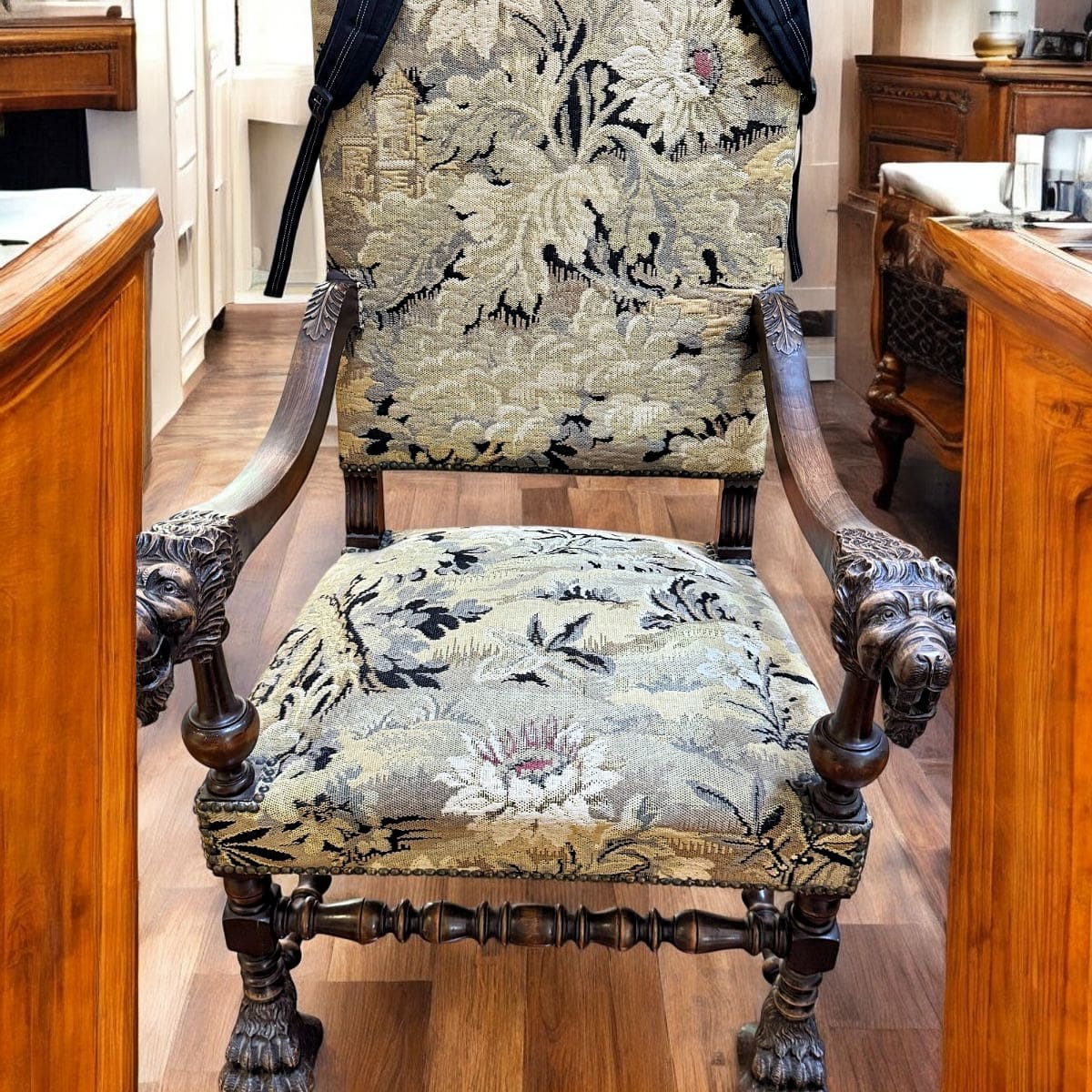 Pair of Louis XIV-Style Carved Beechwood Throne Armchairs with Needlepoint Tapestry Upholstery