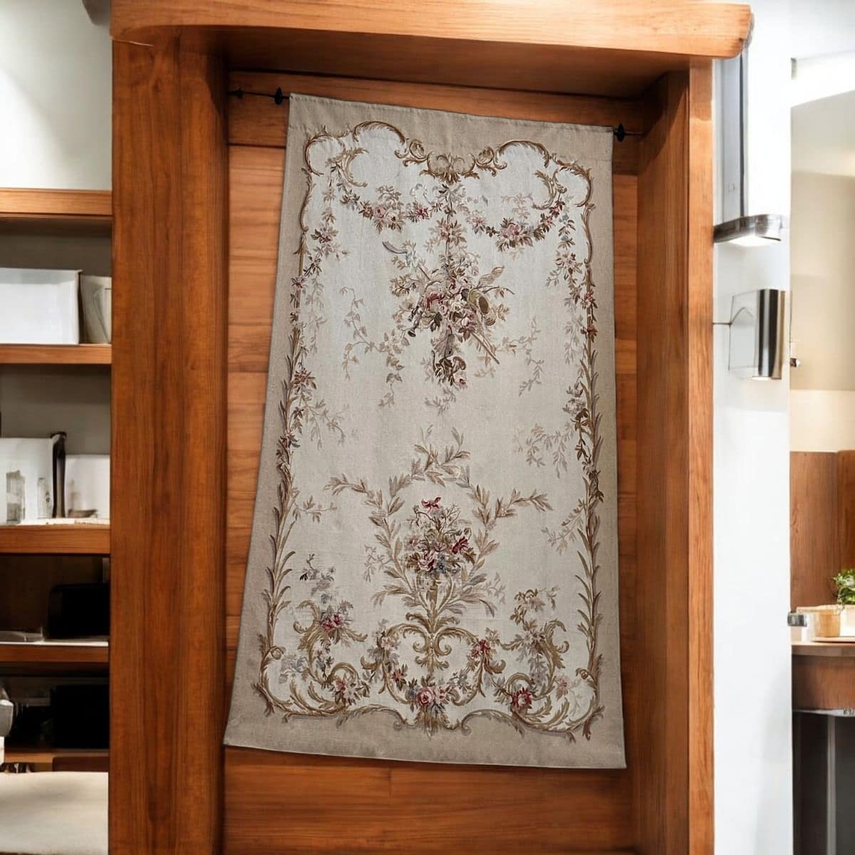 Aubusson-Style Floral Wall Tapestry | Louis XVI Botanical Bouquet & Acanthus Scrollwork | Neutral Beige Ground | Large Vertical Panel