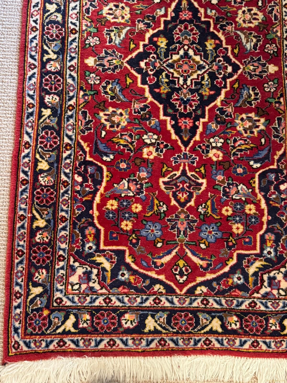 Vintage Persian Kashan Hand-Knotted Wool Medallion Rug | 3x5 ft | Deep Crimson & Navy | Museum-Quality