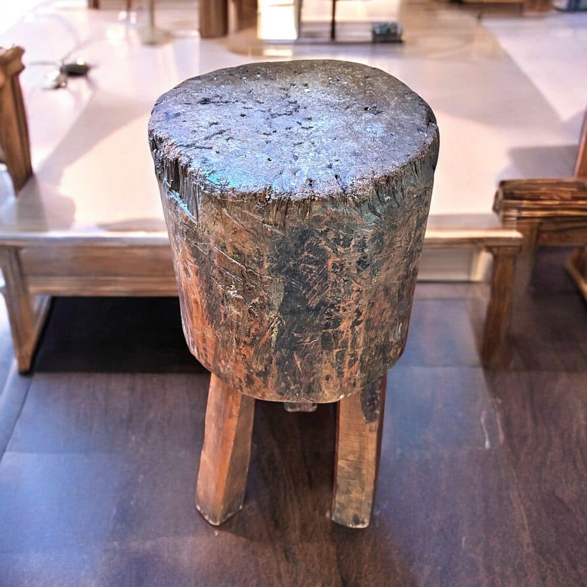 Antique Three-Legged Butcher Block Chopping Stump | Primitive Hardwood | Late 19th–Early 20th Century | Rustic Folk Object