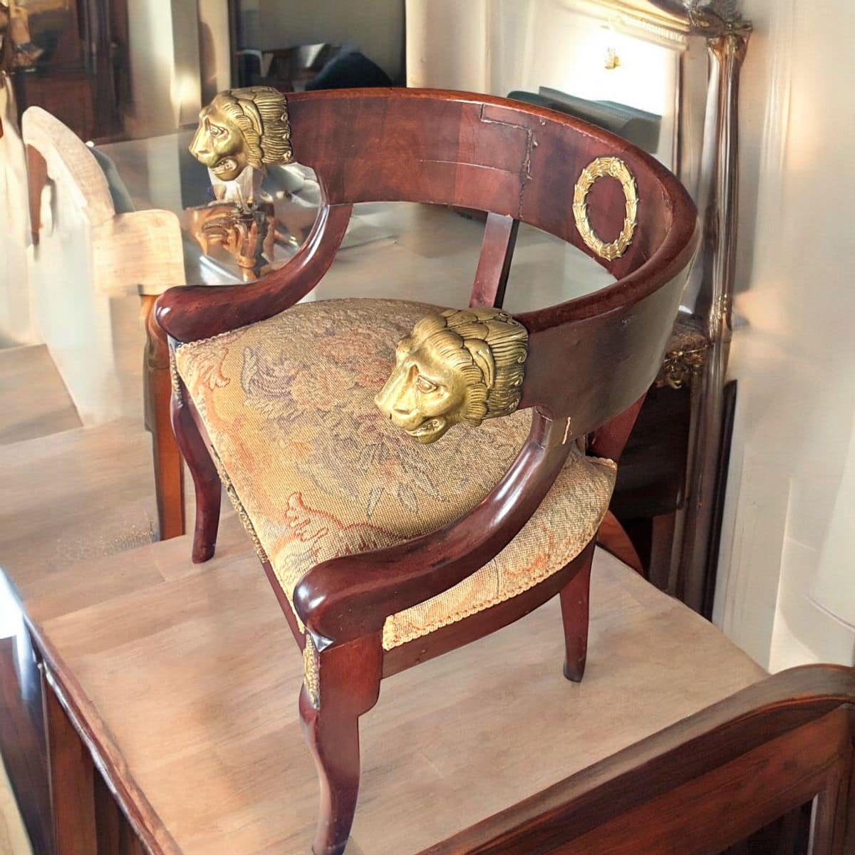 French Empire Mahogany Fauteuil de Bureau with Gilt Bronze Ormolu Mounts — Lion Head Arm Terminals, Laurel Wreath & Needlepoint Seat, 19th Century