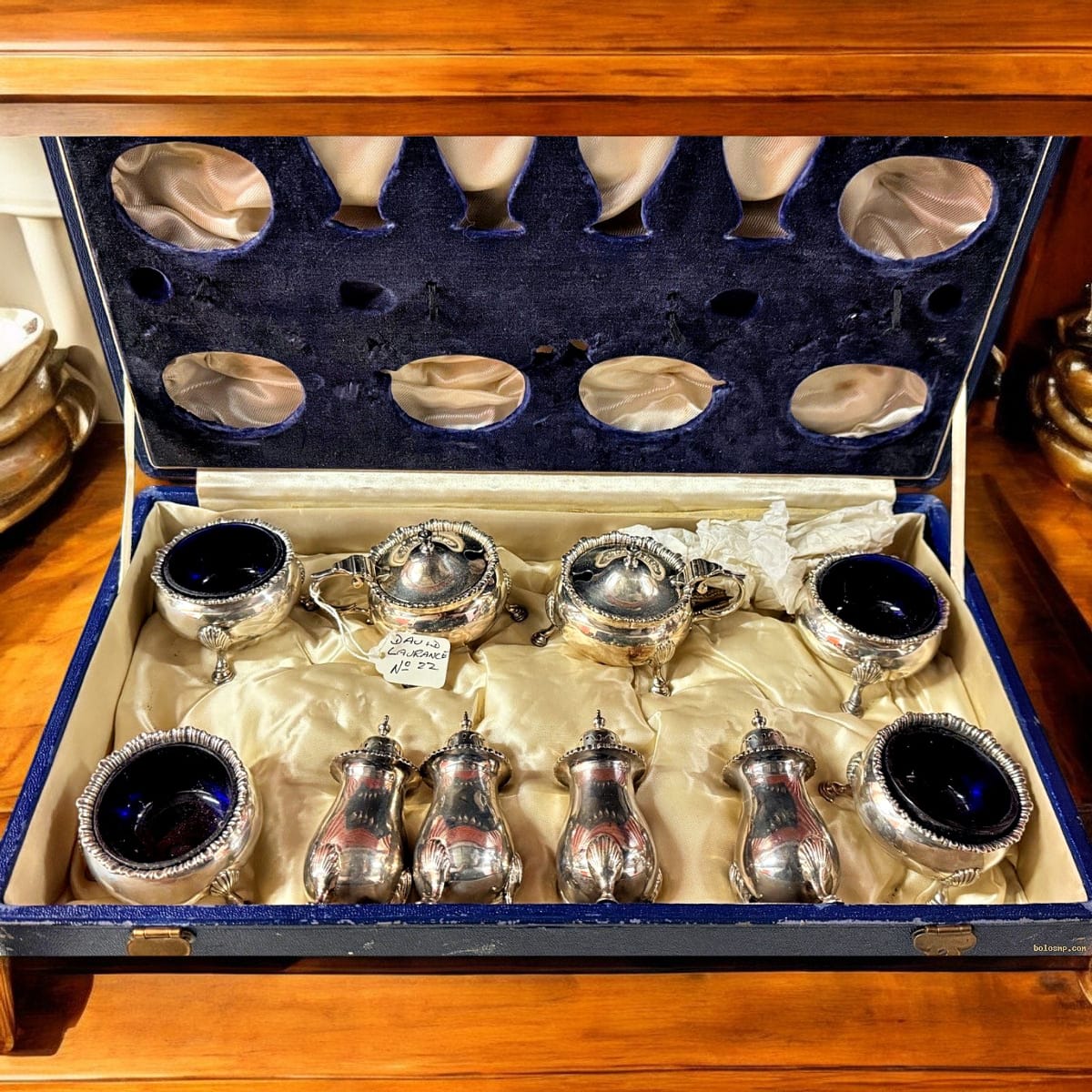 Antique English Sterling Silver 8-Piece Condiment Set, Birmingham 1928, Cobalt Blue Glass Liners, Original Fitted Case