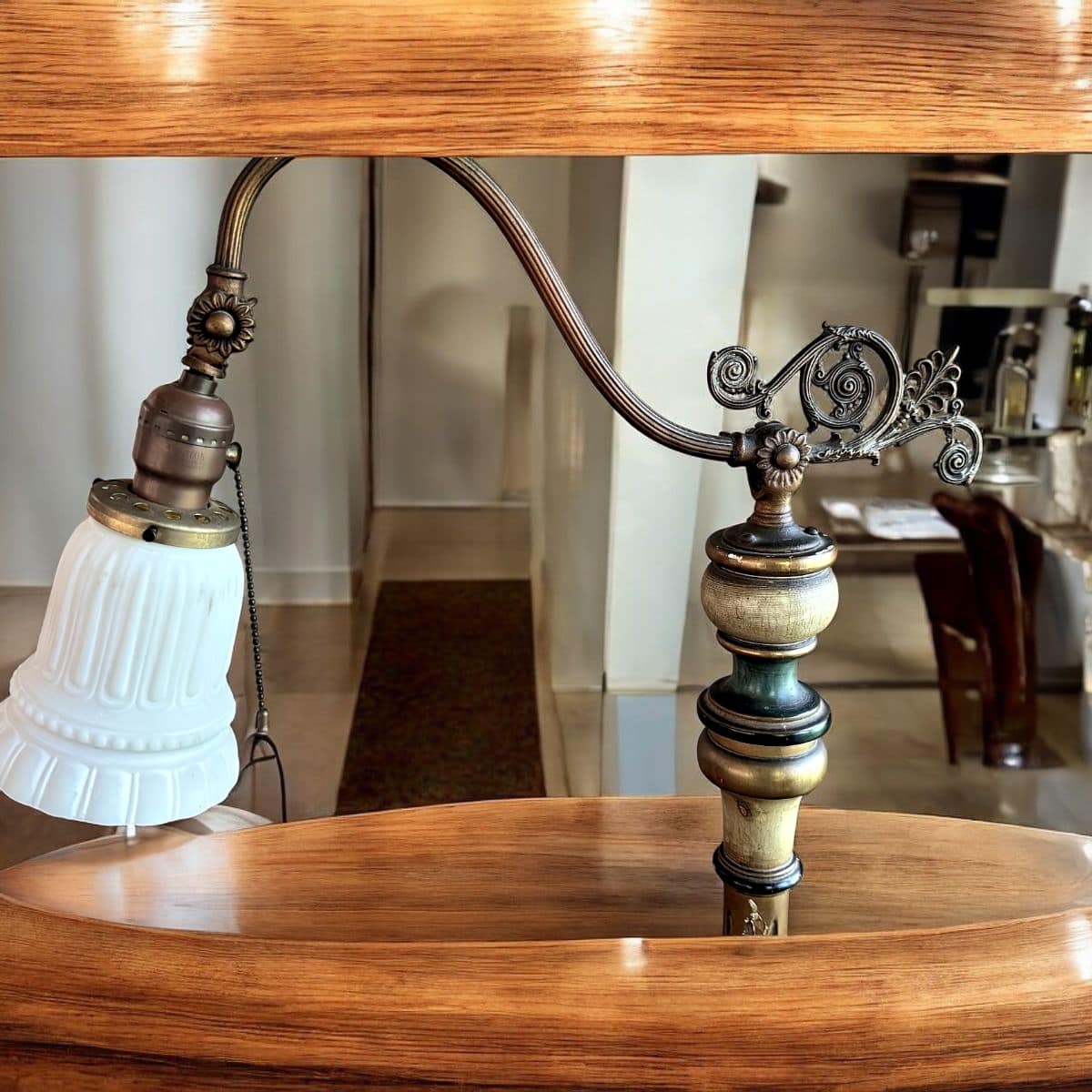 Antique American Arts & Crafts / Art Deco Bridge Floor Lamp c.1920s–1930s | Cast Bronze Scrollwork, Turned Wood Column, Milk Glass Shade, Leviton Socket