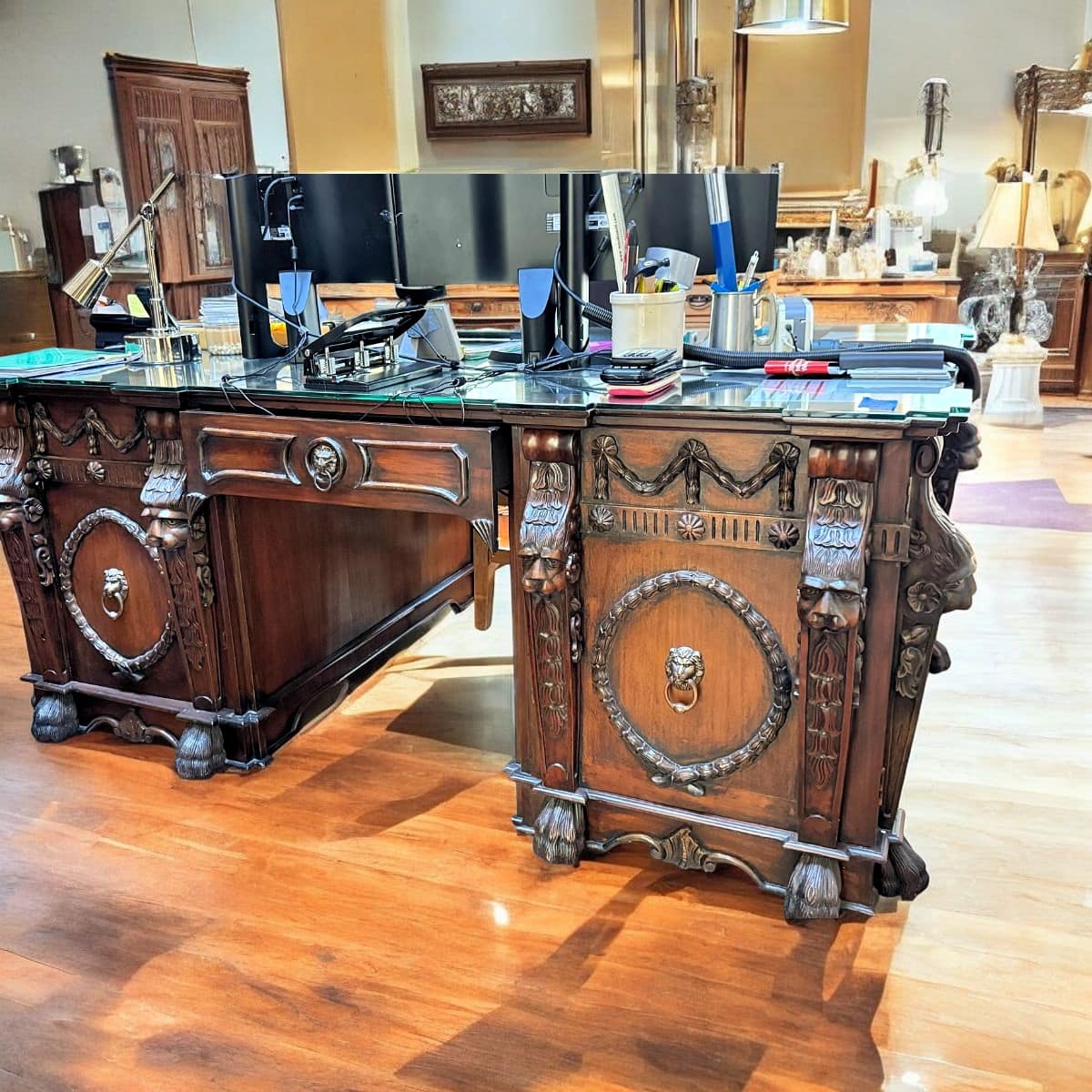 Monumental Renaissance Revival Carved Mahogany Partner's Desk | Gilded Age | R.J. Horner Style | Lion Heads, Grotesque Masks & Hairy Paw Feet | c. 1880–1910
