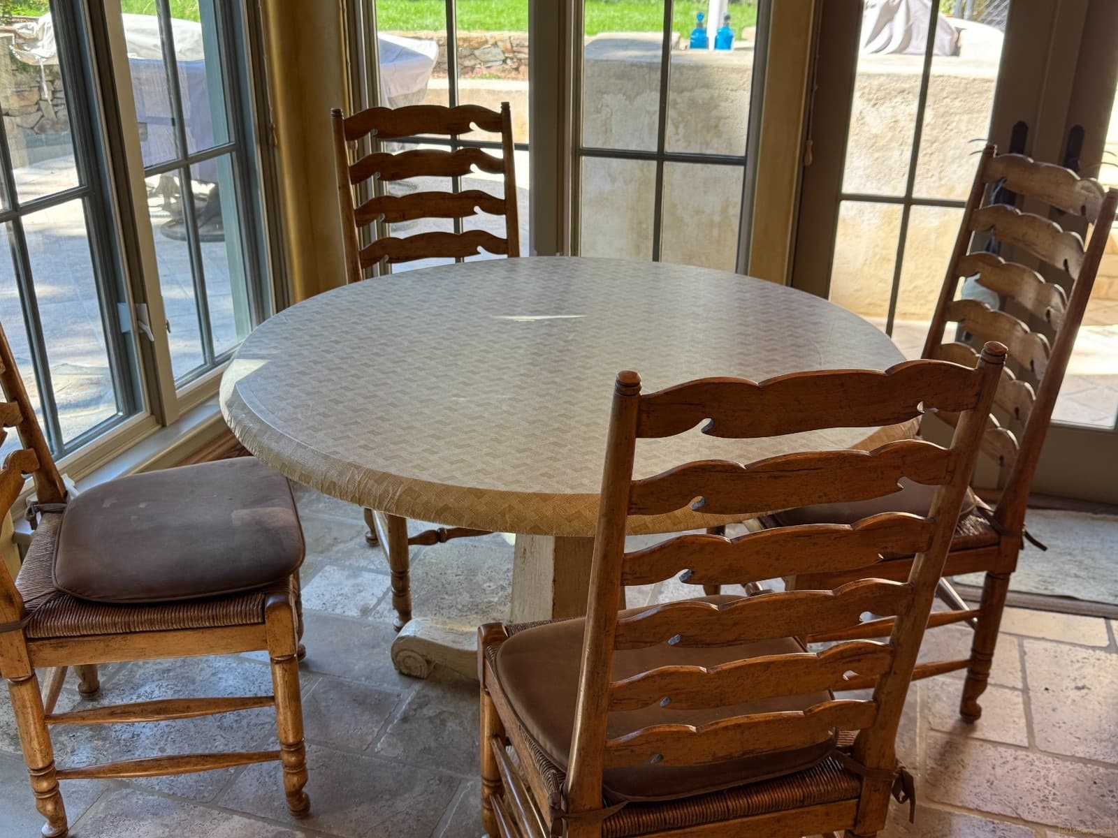 French Country Round Pedestal Dining Table with Six Carved Hardwood Ladder-Back Rush-Seat Chairs | Complete Dining Set