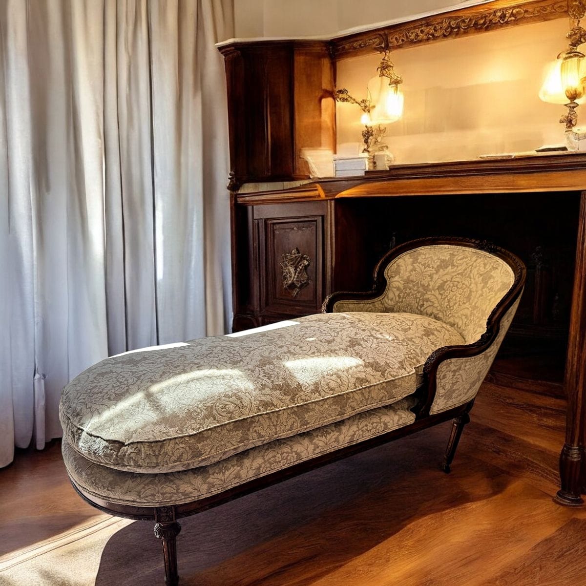 Louis XVI-Style Carved Walnut Chaise Longue with Sage Damask Upholstery | French Revival | Late 19th–Early 20th Century