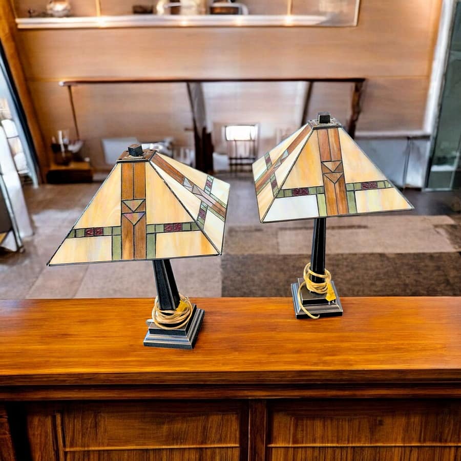 Pair of Mission / Arts & Crafts Style Leaded Slag Glass Table Lamps | Craftsman Prairie School Geometric Stained Glass Shades | Antiqued Bronze Bases