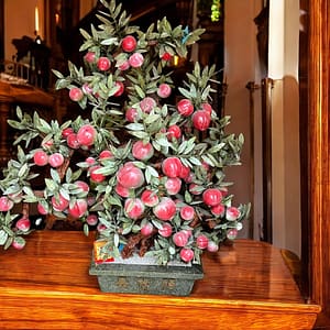 Large Vintage Chinese Jade-Style Carved Stone Peach Tree Sculpture | Serpentine Hardstone | 壽祿福 Longevity Prosperity Fortune | Mid-20th Century