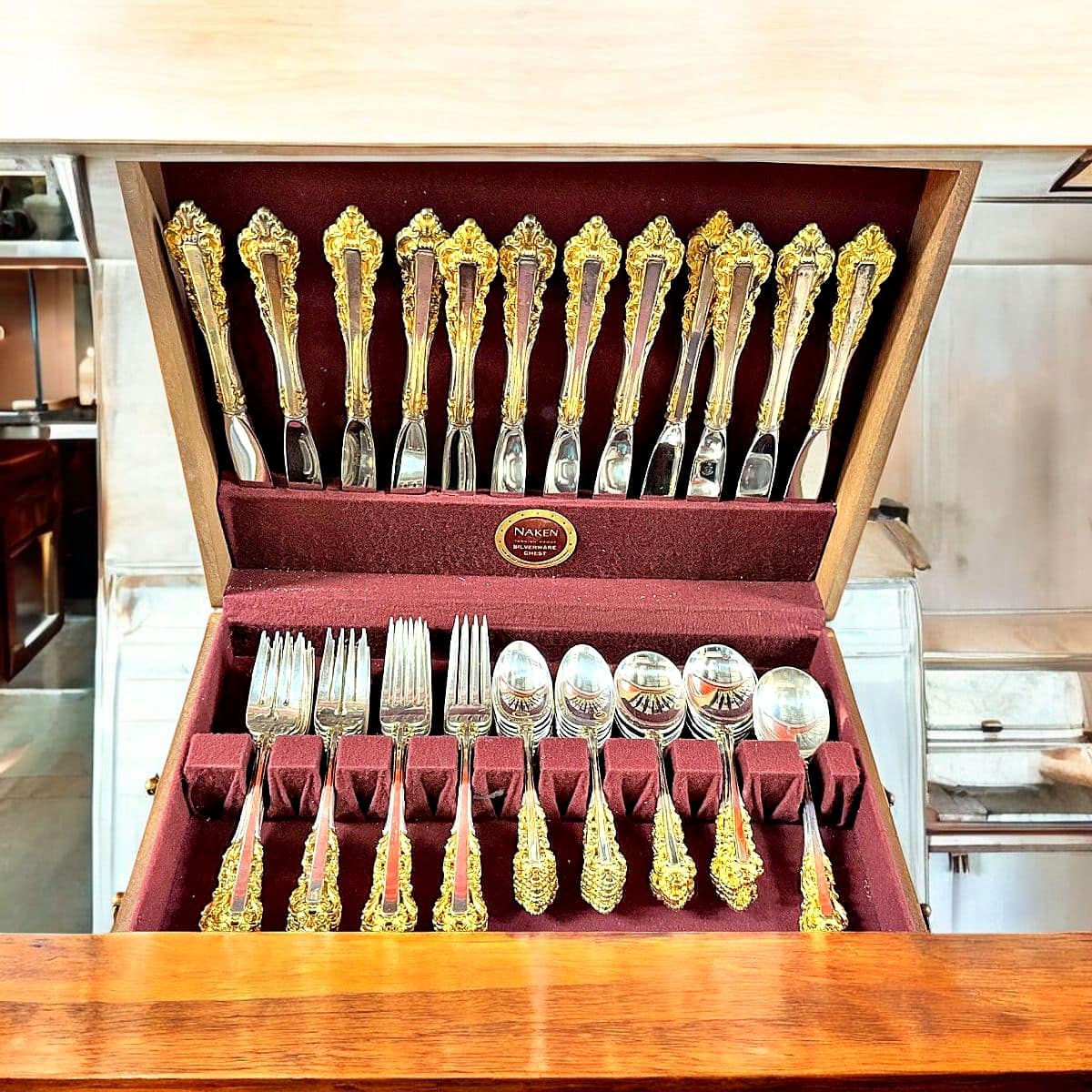 Gorham Strasbourg Gold Vermeil Sterling Silver Flatware Set | 48 Pieces | Service for 12 | Naken Silverware Chest