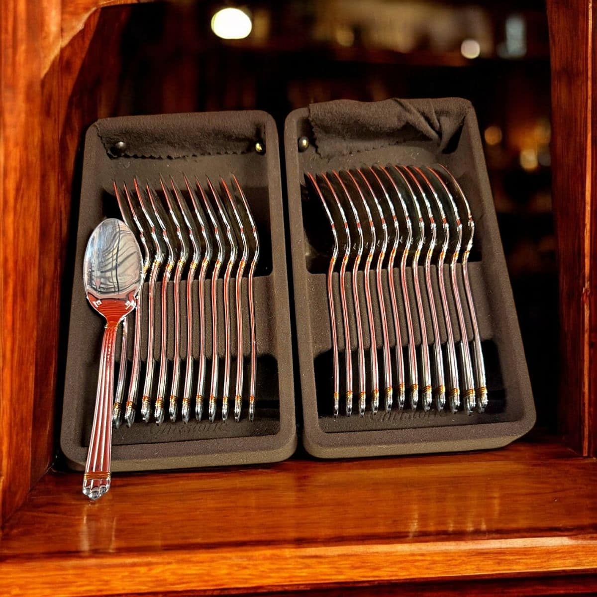 Christofle 'Talisman' Sienna Rouge Silver-Plated & Chinese Lacquer Flatware Set | 24 Pieces | France | Bernard Yot 1986